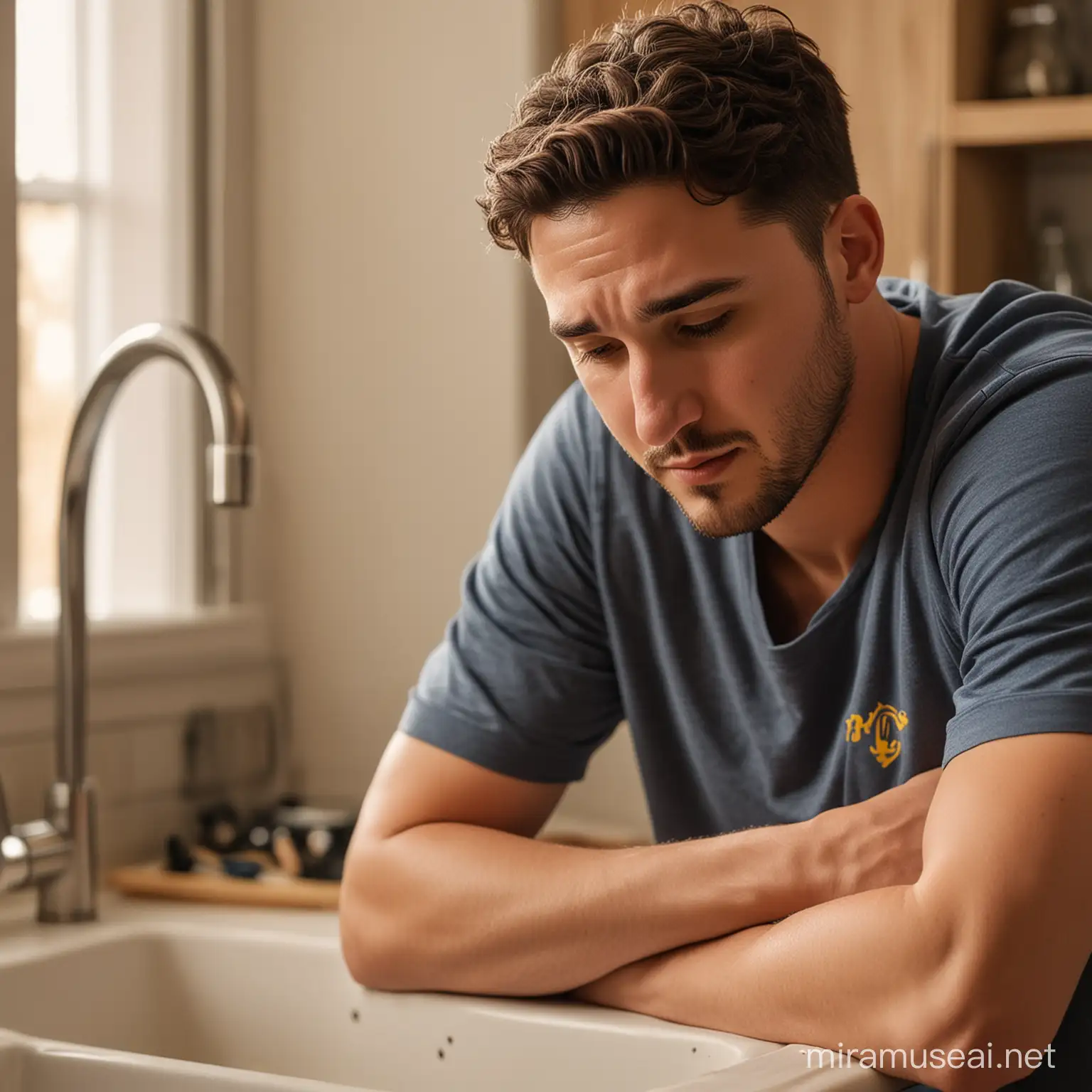 Photo of sad Klay Thompson doing the dishes looking sad and depressed, Shallow depth of field with Bokeh
