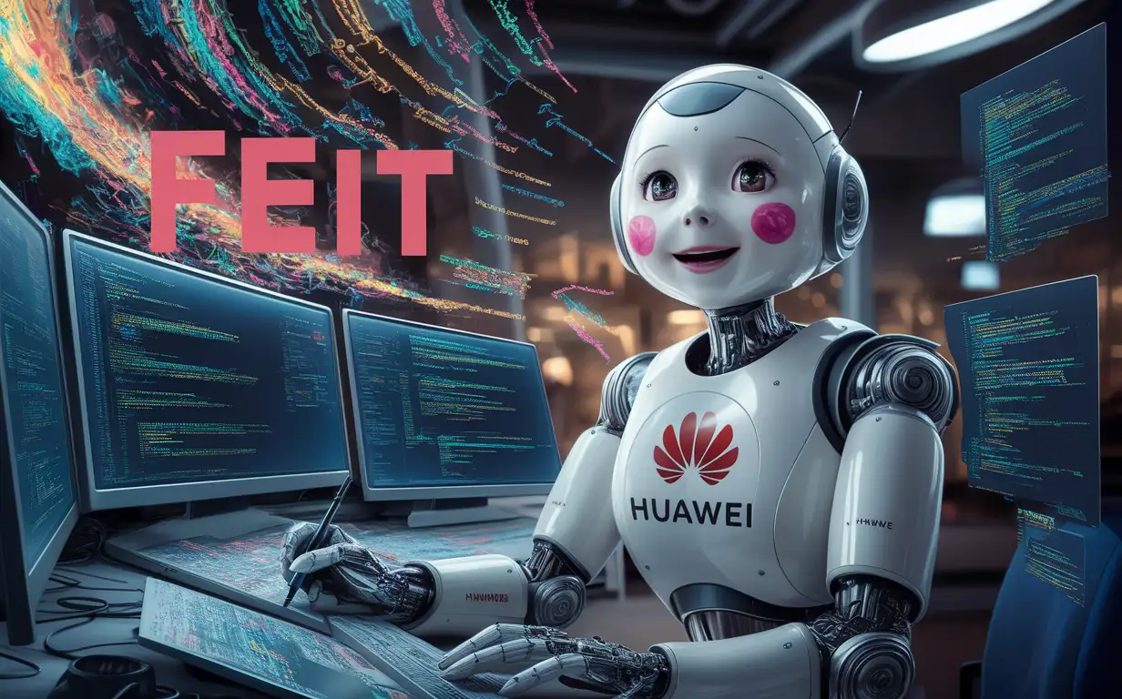 an artificially intelligent female bot ,  happily ,pink blush on cheeks,Huawei log emblazoned on it,writing software code in multiple screens in a futuristic scenario, Codes flying all over the place, with slogan “FEIT”