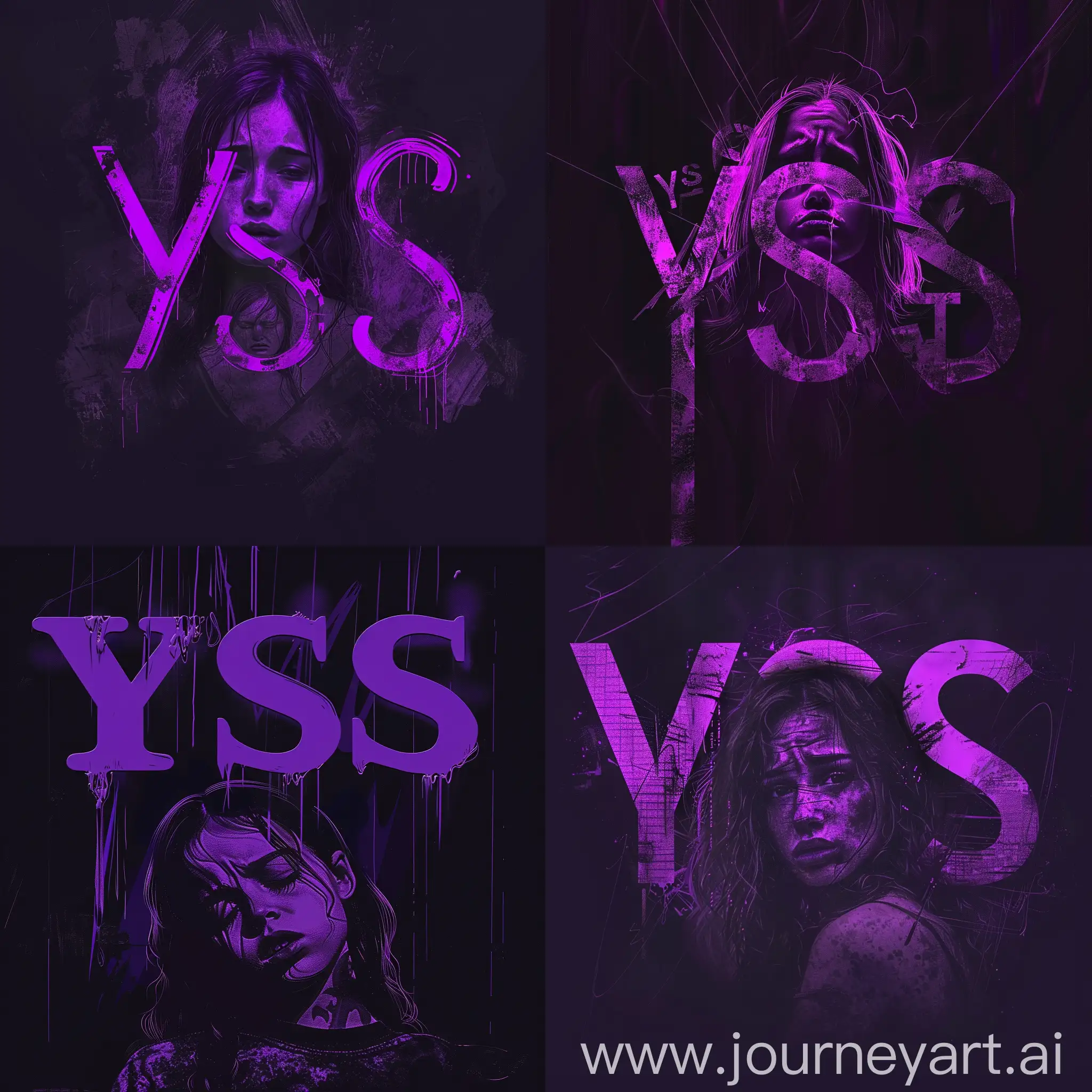 Мрачные фиолетовые буквы "YSS", на фоне темного фона с изображением грустной сестры в центре