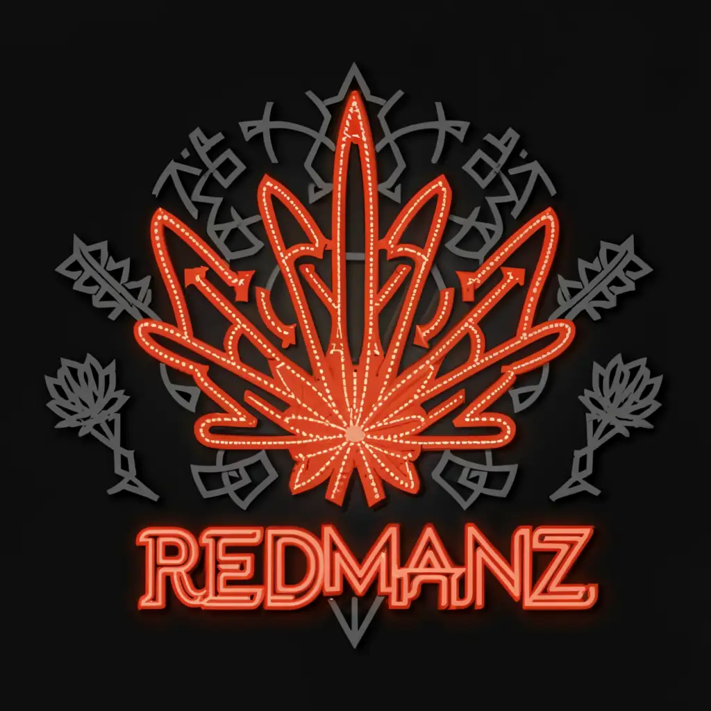 a logo design,with the text "REDMANZ in Neon Red", main symbol:A bright neon red Cannabis leaf with reference to Mi'kmaq Culture,complex,clear background