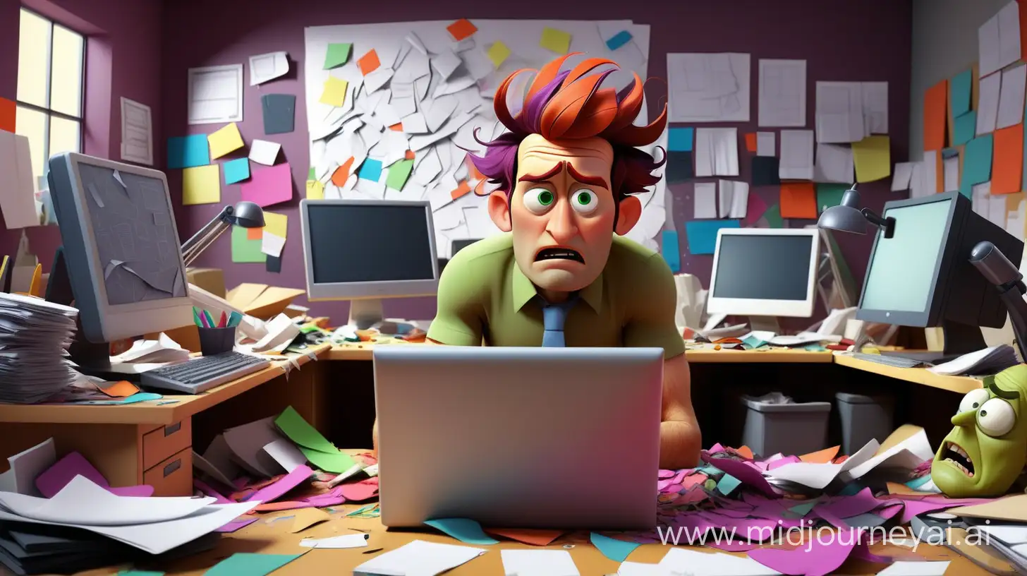 Defeated small business owner in front of a computer in a messy office. Colorful, Pixar style.
