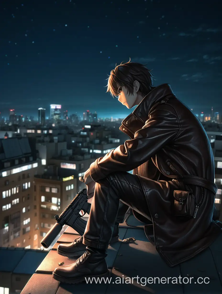 Аниме парень в кожаном плаще сидящий на краю крышина краю крыши ночью с винтовкой смотрящий на улицу 