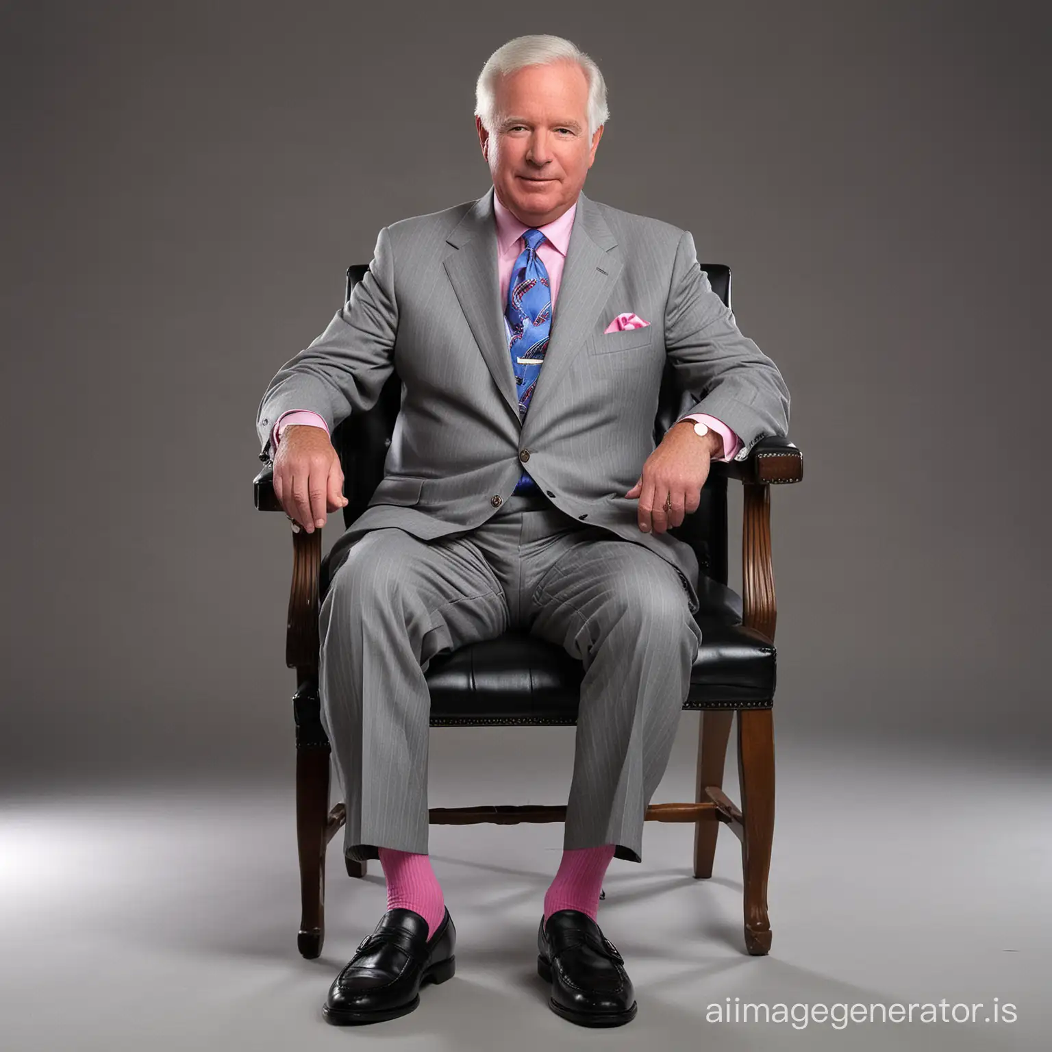 Senator Saxby Chambliss, 70 years old, shot height, wearing grey pinstriped suit, pink shirt, blue socks, black loafers, grey hair, sit on a chair,  full body shot, full body shot, fantasy light cream solid background, dramatic lighting