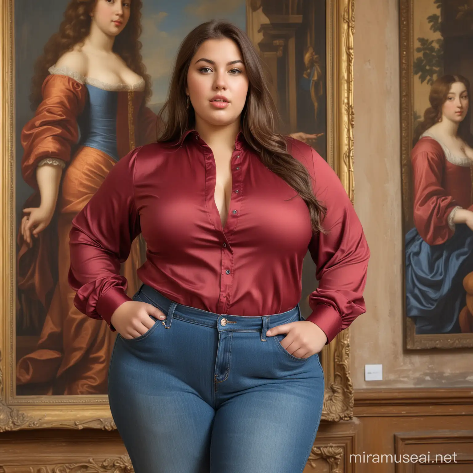 A young BBW, weight 210 lbs, long straight brown hair, large brown eyes, sensuous mouth, very tanned, wide hips, wearing a silk maroon shirt and designer blue jeans, stands full figure. In the background an exhibition of baroque painting