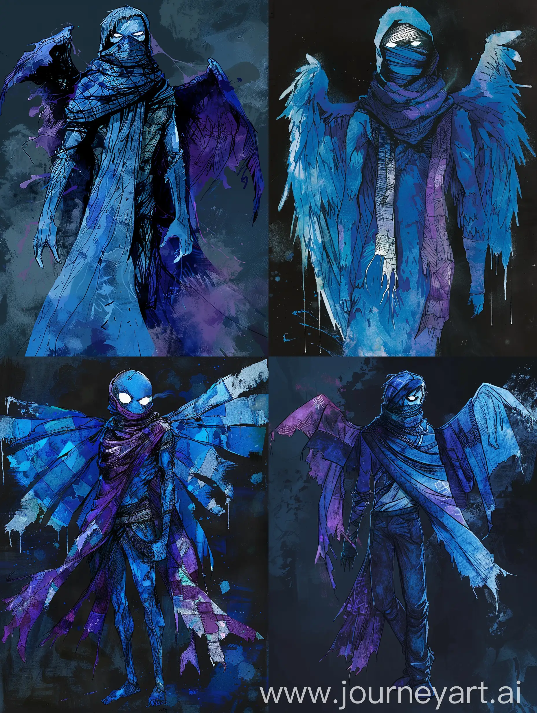 Raziel, Legacy of Kain , full-length skinny body, scarf covers mouth, bright white eyes, ragged patchwork wings, blue character, horror style, ink drawing in blue and purple shades, dark background, smudges