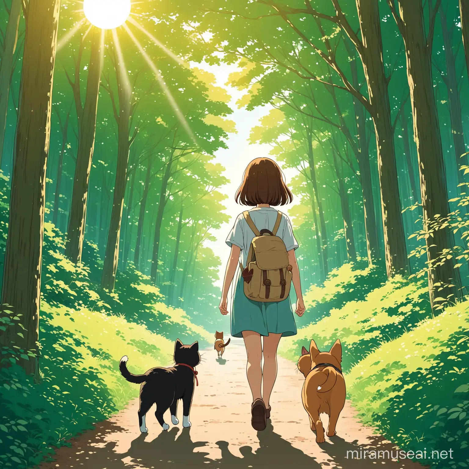 A pretty girl was walking in the forest with a cute cat and a dog. This scene has been illustrated in the style of Hayao Miyazaki's characters. The background features green trees and the sun --ar 21:32