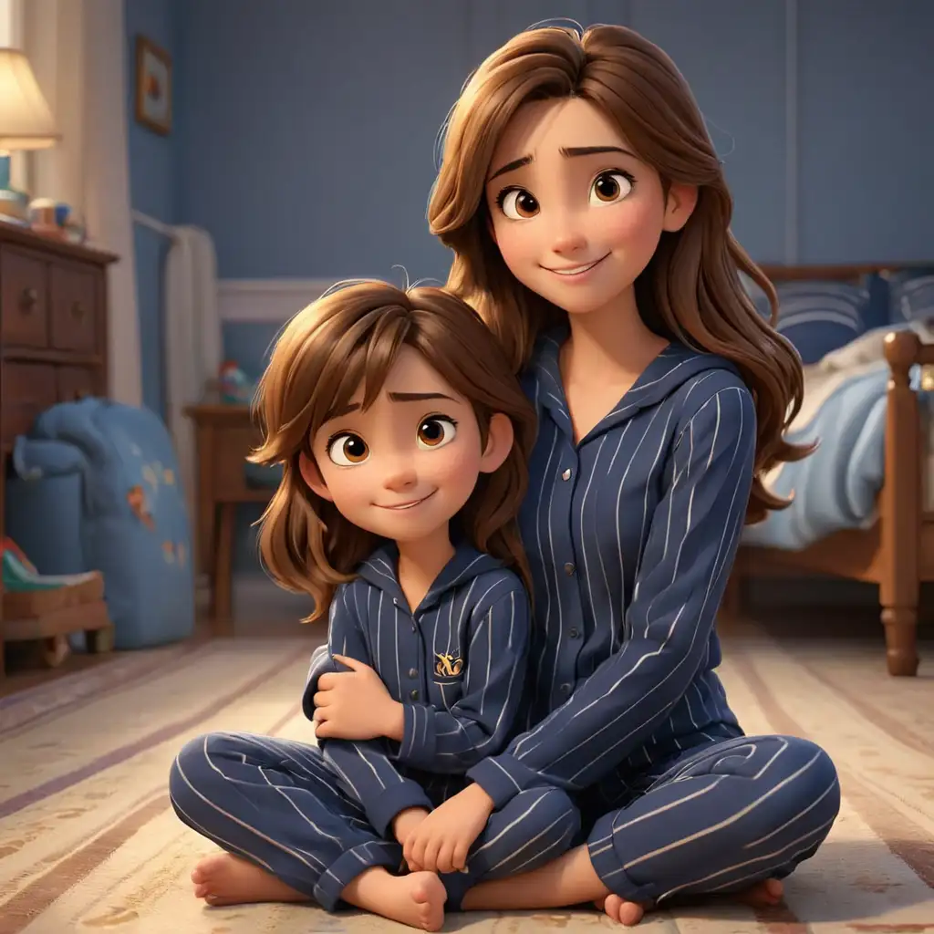 Disney pixar theme, 3d animation, beautiful mom, long straight brown hair and brown eyes, son with neat brown hair and brown eyes, happily sitting on the floor, wearing navy blue stripe pajamas