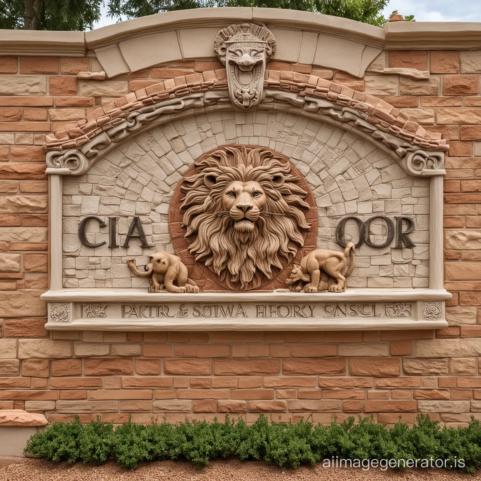 Neighborhood monument sign made of brick and stucco with Mediterranean style architecture incorporating lions, East, water, and the sun.