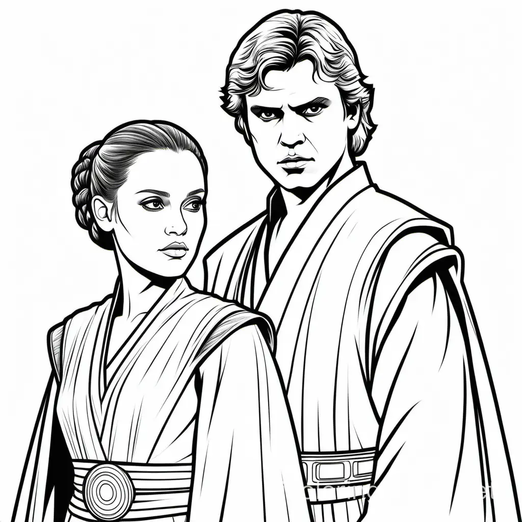 anakin Skywalker and padme amidala, Coloring Page, black and white, line art, white background, Simplicity, Ample White Space. The background of the coloring page is plain white to make it easy for young children to color within the lines. The outlines of all the subjects are easy to distinguish, making it simple for kids to color without too much difficulty