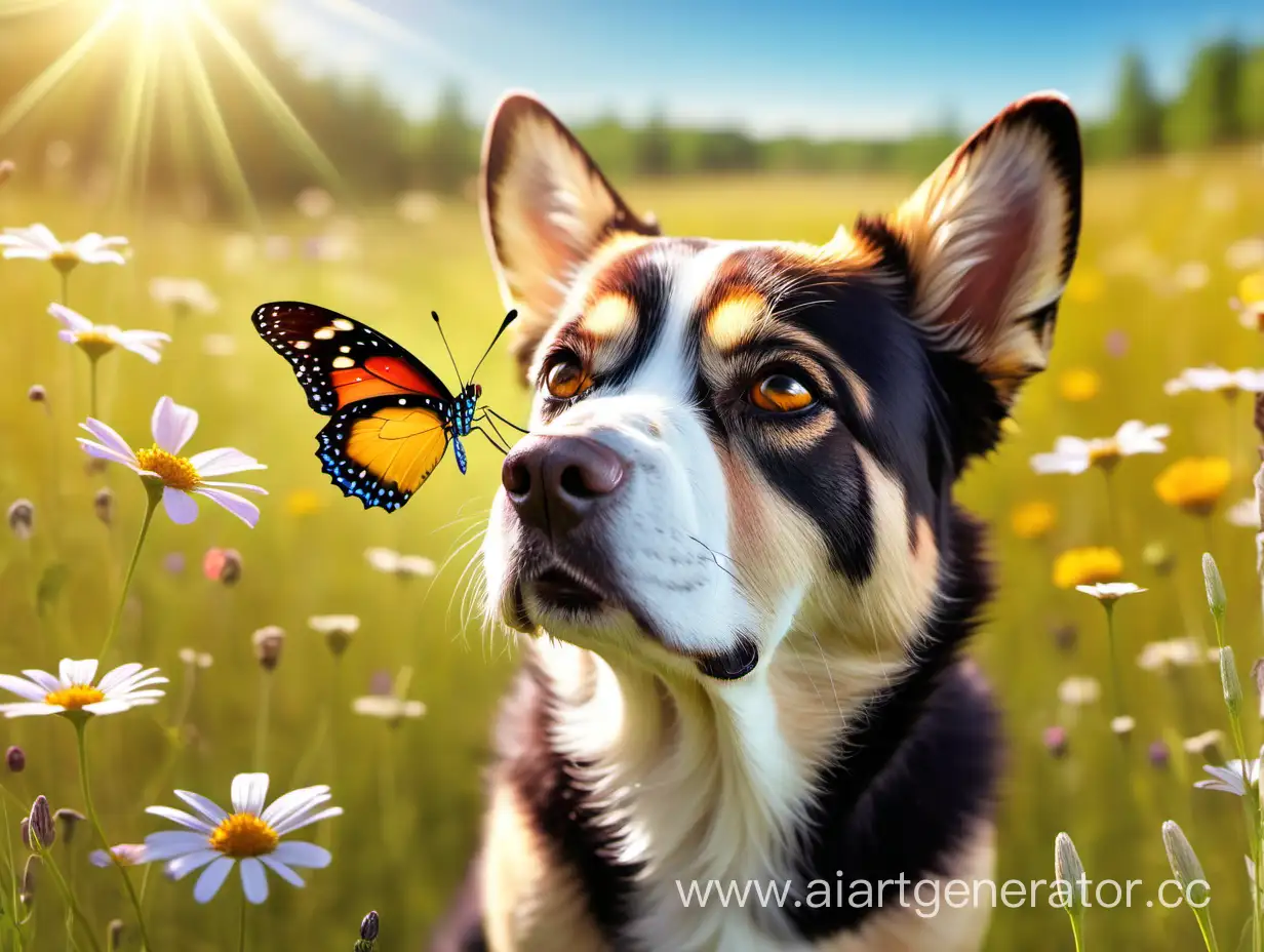 бабочка садится на нос дружелюбной собаке, цветочная поляна, солнечный день