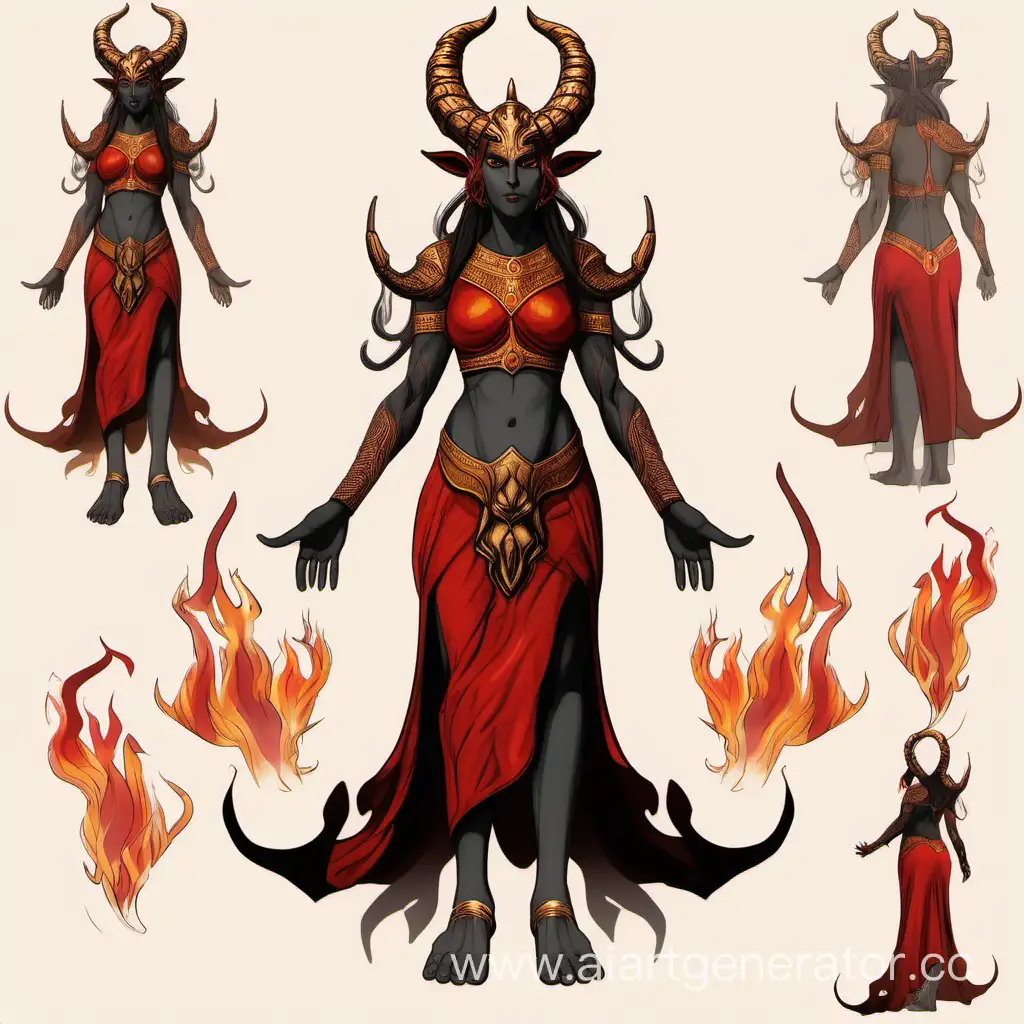  female god of fire, with horns on head, full body reference,
