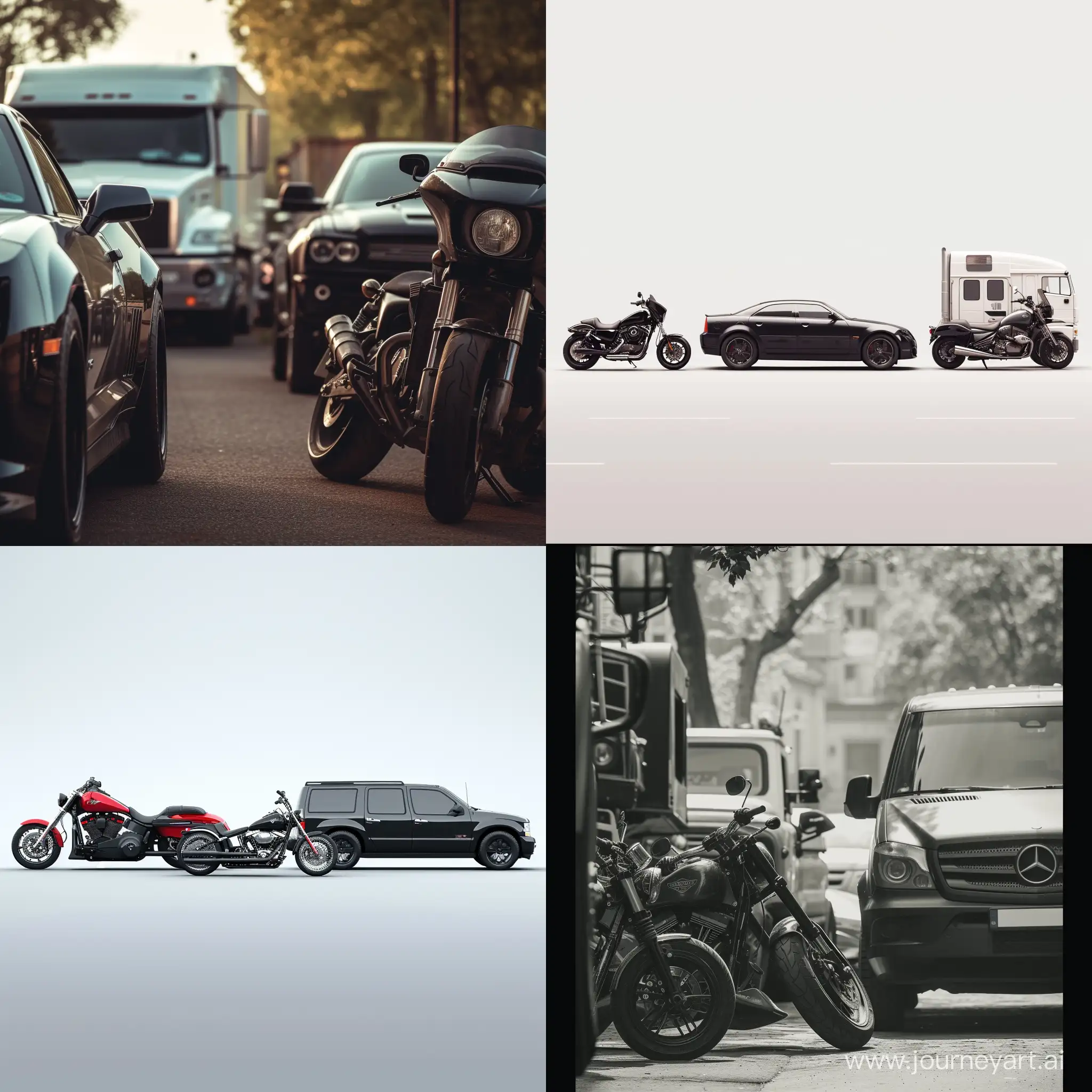 automovil, moto y camión estacionados de perfil