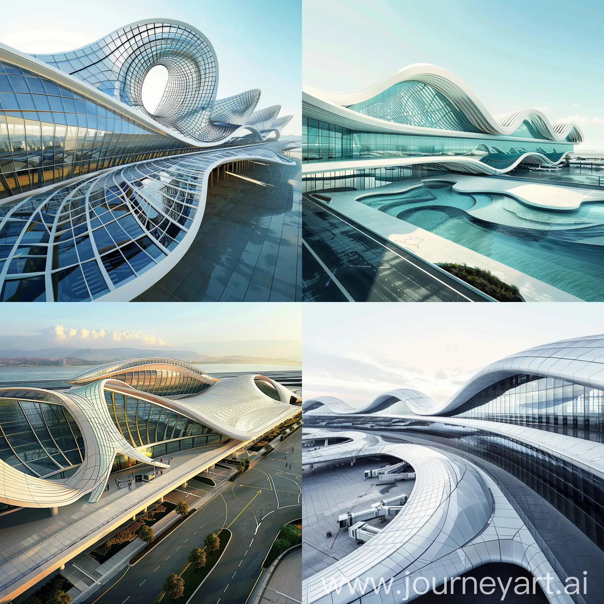 Behold the modern marvel of an international airport terminal, its parametric style architecture resembling the fluidity of ocean waves from a bird's eye view.
