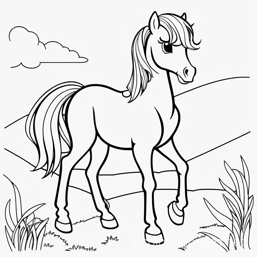 pony, Coloring Page, black and white, line art, white background, Simplicity, Ample White Space. The background of the coloring page is plain white to make it easy for young children to color within the lines. The outlines of all the subjects are easy to distinguish, making it simple for kids to color without too much difficulty