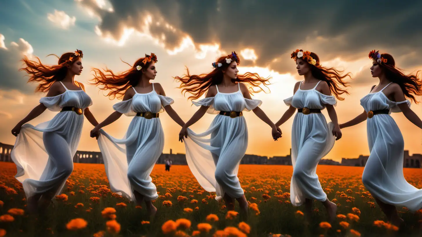 Group of girls, Roman nymphs, dancing in the twilight, in a field full of flowers and other plants that give a unique beauty to the scene. The nymphs are dressed in white, immaculate, semi-transparent tunics, allowing the perfect bodies of the girls to be seen through the material. They dance voluptuously, giving the sensation of floating. They are barefoot and cinched in the middle with a thin leather belt. They have bracelets and earrings of copper and brass, their hair partially braided. They have multicolored flowers on their heads, like crowns. Soft hands, their bodies are well proportioned, they are slender and have beautiful shapes. The sun is surrounded by gorgeous clouds that beat in shades of bright orange, yellow, to blue, the clouds are like foaming waves. The focus is on the dancing metal. Somewhere in the background, blurred, the huge Roman colliseum can be distinguished