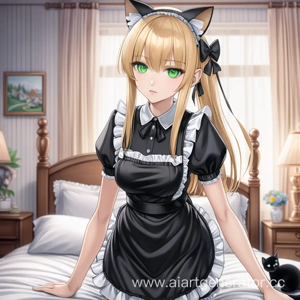 girl, big breasts, big beautiful green eyes, sweet face, short figure, long blonde hair with straight bangs, dressed in a short black maid dress and cat ears, on the background of the bedroom, anime style.