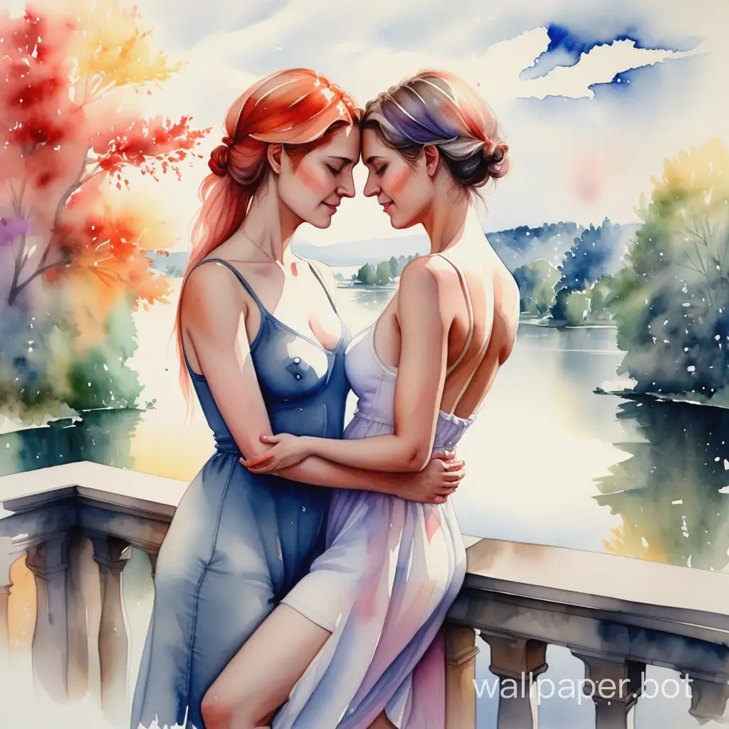 Romantic-Watercolor-Painting-of-a-Lesbian-Couple-Embracing-in-a-Scenic-Setting