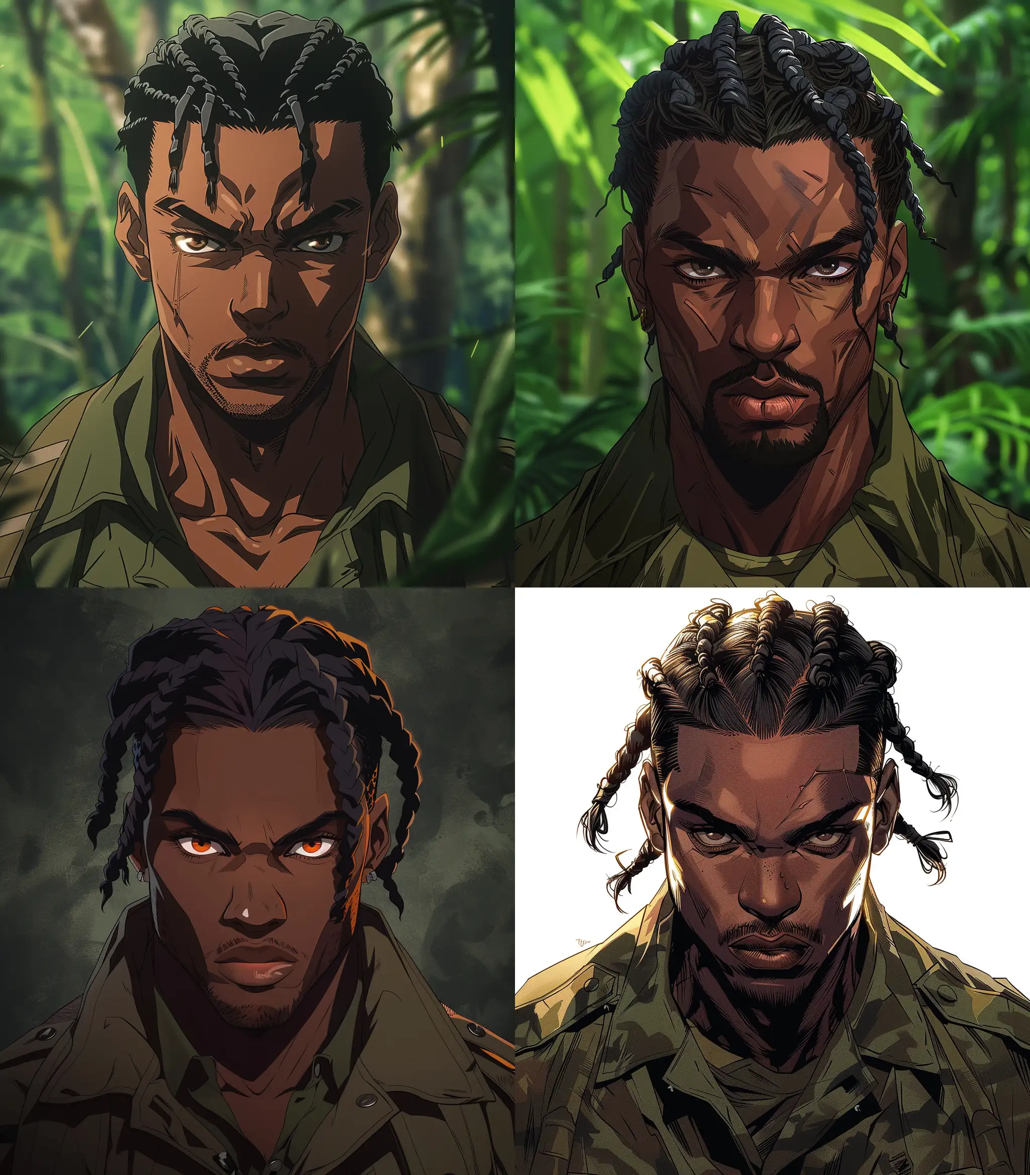 Military black man with a serious expression. His short, braided, black hair, and his eyes transmit a remarkable intensity, tropical hunter clothes, his presence commands respect,,cartoon, zoom out x1.2 --ar 140:160 --stylize 400 --v 6