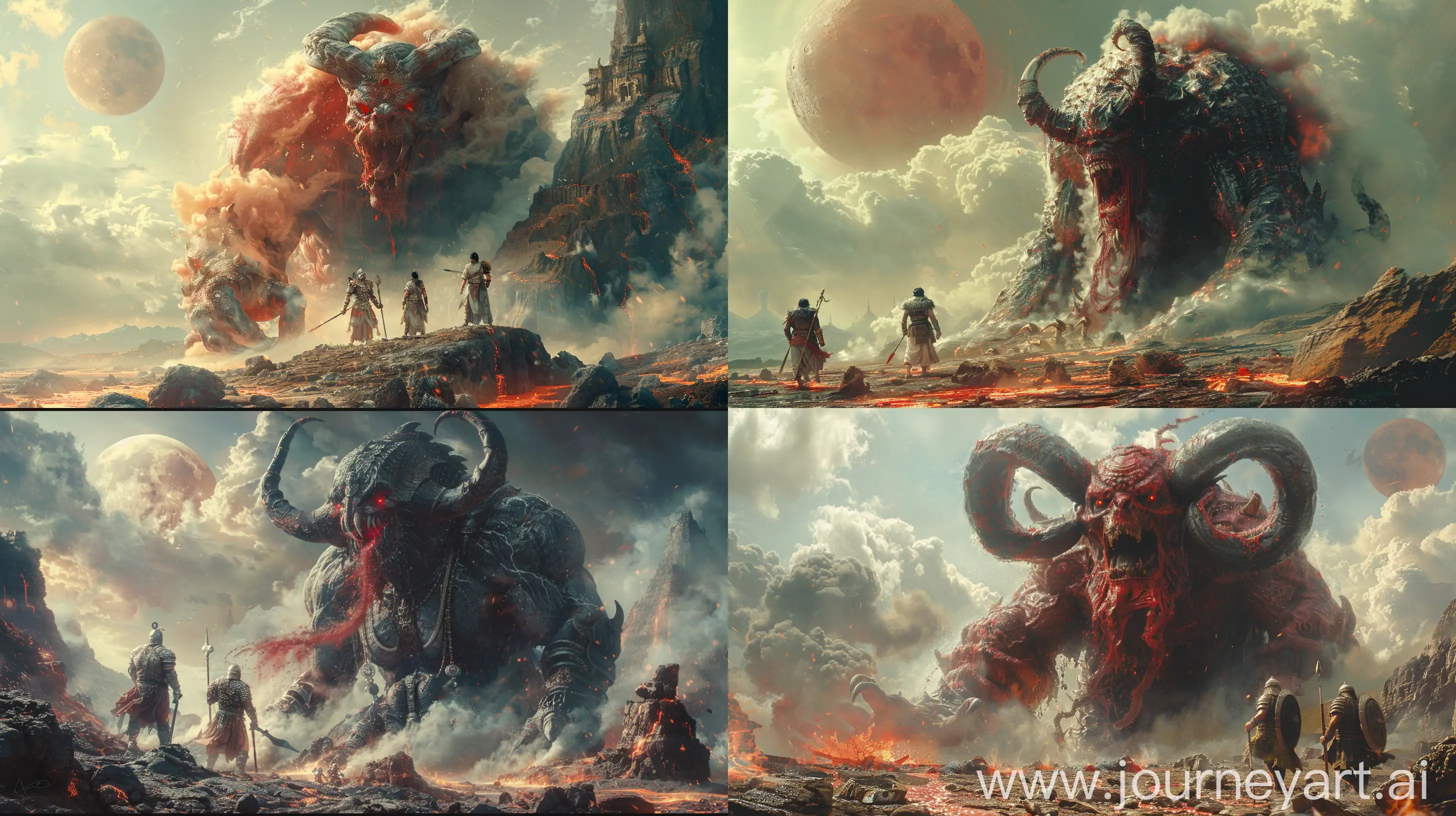  Epic ancient Indian battle scene, colossal demon defeated on the ground, two valorous Indian warriors triumphant beside, lavish Raj Ravi Varma style, high resolution 8k, intricate armor and weapons, gory with blood-soaked demon, muscular build, menacing horns like coiling smoke, eyes ablaze in red fury, atop a desolate mountain, blood moon looming overhead, surrounded by rivers of molten lava, Baroque horror influences, intense detail, ominous shadows casting dramatic lighting, visceral embodiment of power and dread --ar 16:9 --s 750 --v 6