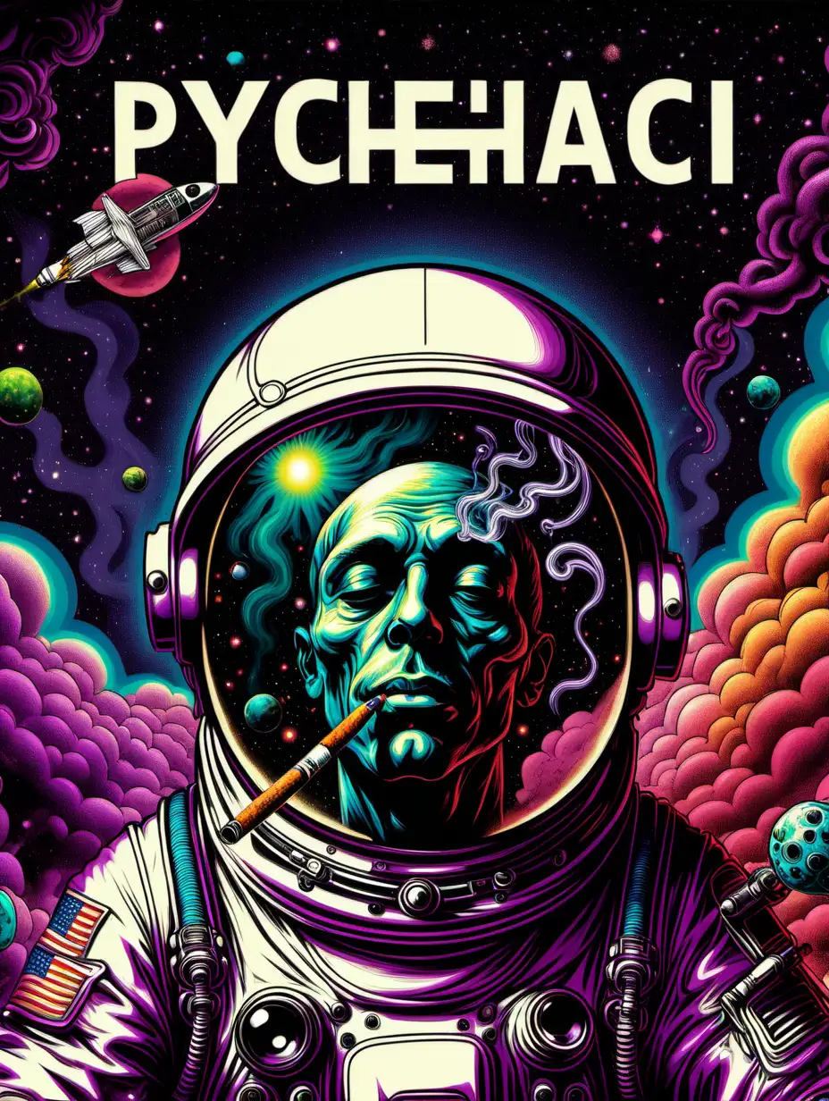 A psychedelic techno album cover with an astronaut smoking a blunt