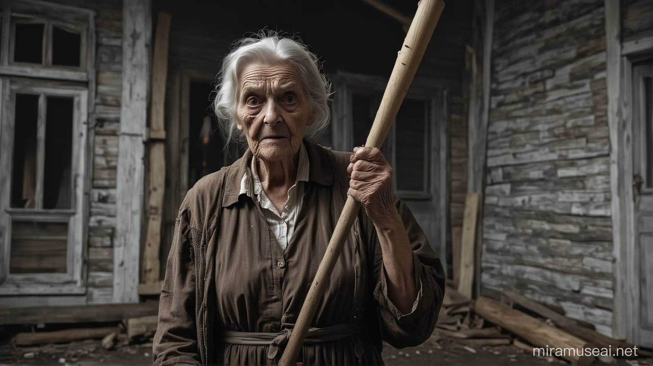 An old horror granny with a baseball bat in her hands ,  her white eyes , background - old half-broken and big house made up of wood , in night