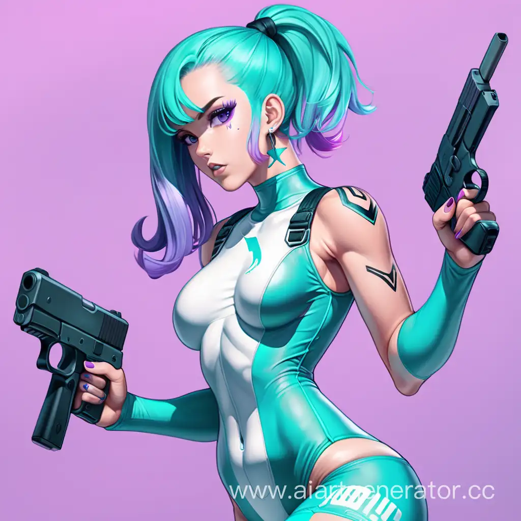 digital art, woman with turquoise hair and short ponytail, purple eyes, in the shorts and skin-tight bodysuit with guns, full height