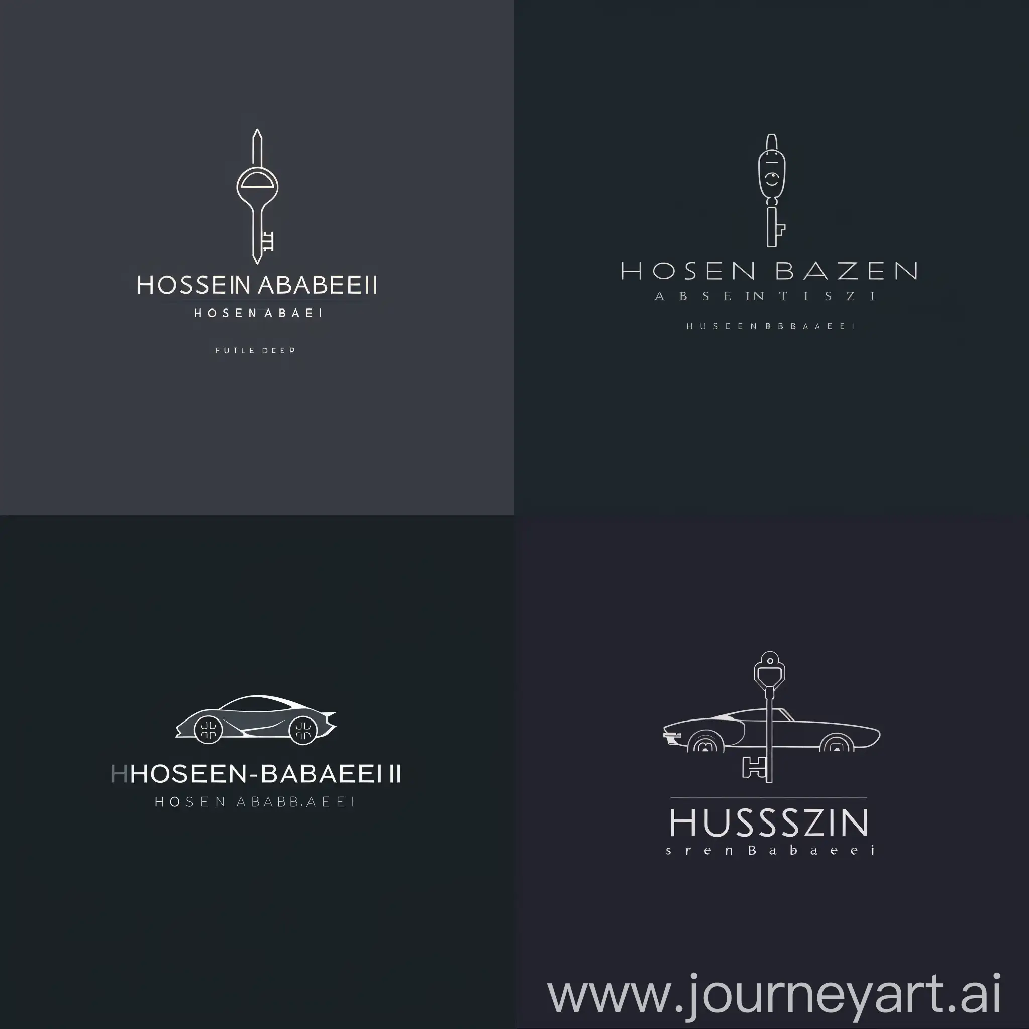 "Create a sleek and minimalist logo to represent the 'Hossein Babaei' car sales exhibition. Focus on simplicity and sophistication in the design, starting with clean and modern typography for the name 'Hossein Babaei'. Utilize a bold and distinctive font to ensure visibility and brand recognition. Pair the text with a subtle yet symbolic icon, such as a stylized car silhouette or a minimalist representation of a key, to convey the automotive theme. Opt for a refined color palette, perhaps incorporating shades of charcoal gray or deep navy blue for a touch of elegance. Strive for a balanced composition, where each element complements the other to create a cohesive and impactful logo. The result should be a timeless emblem that exudes professionalism and captures the essence of the 'Hossein Babaei' car sales exhibition."