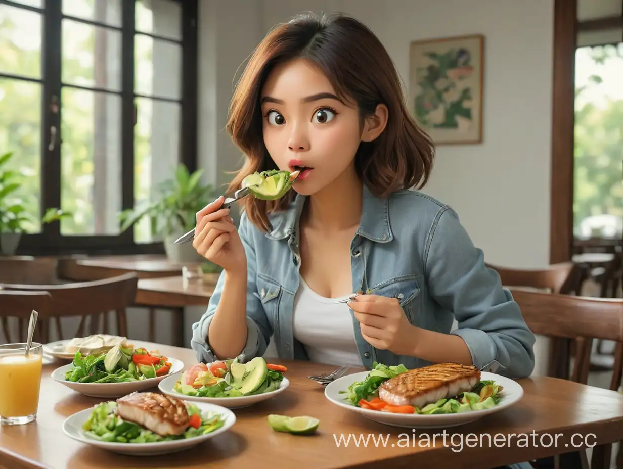 Стройная девушка кушает стейк из рыбы и салат из овощей и авокадо