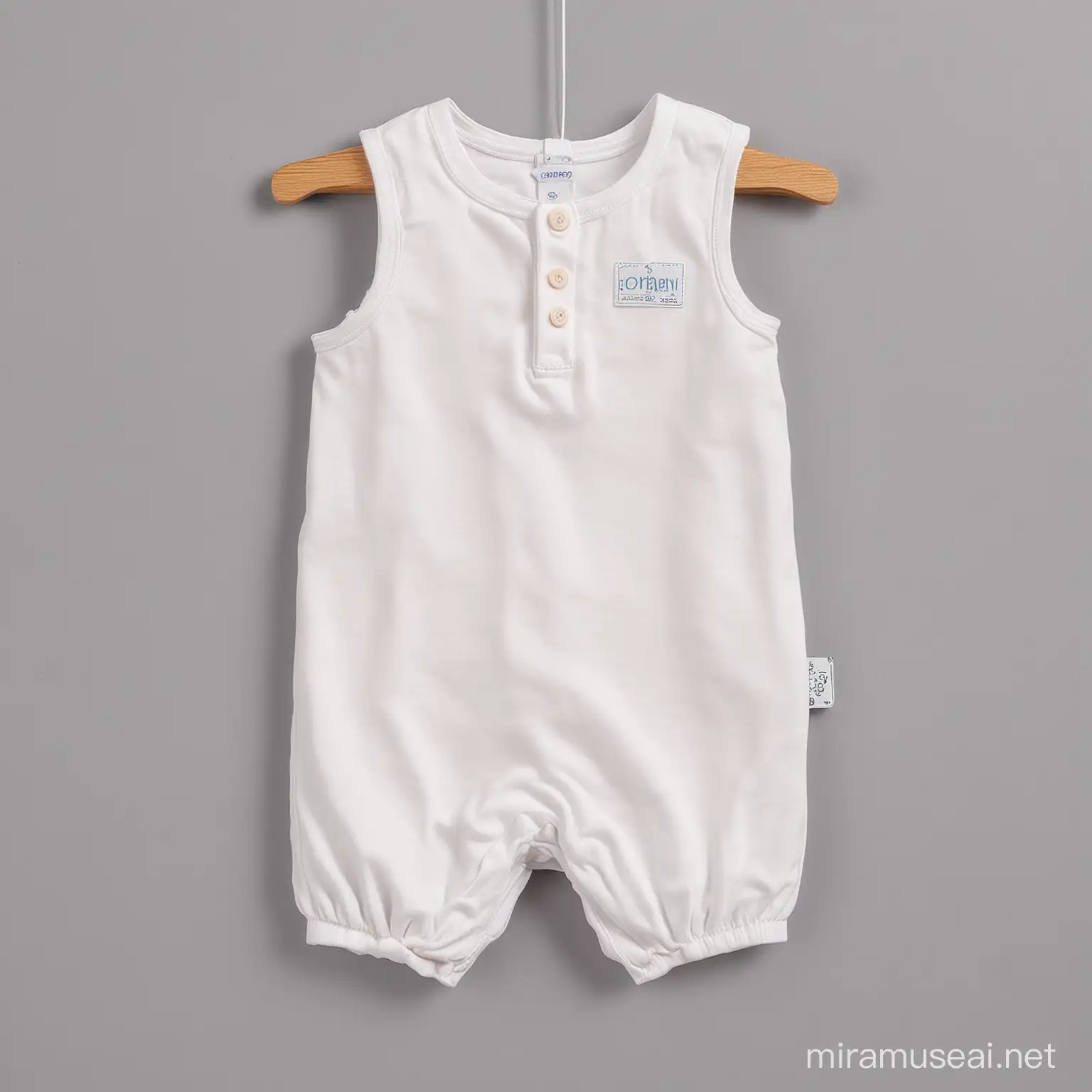 baby romper with a small tag on the side of the garment, tag should be zoomed in, tag used for branding