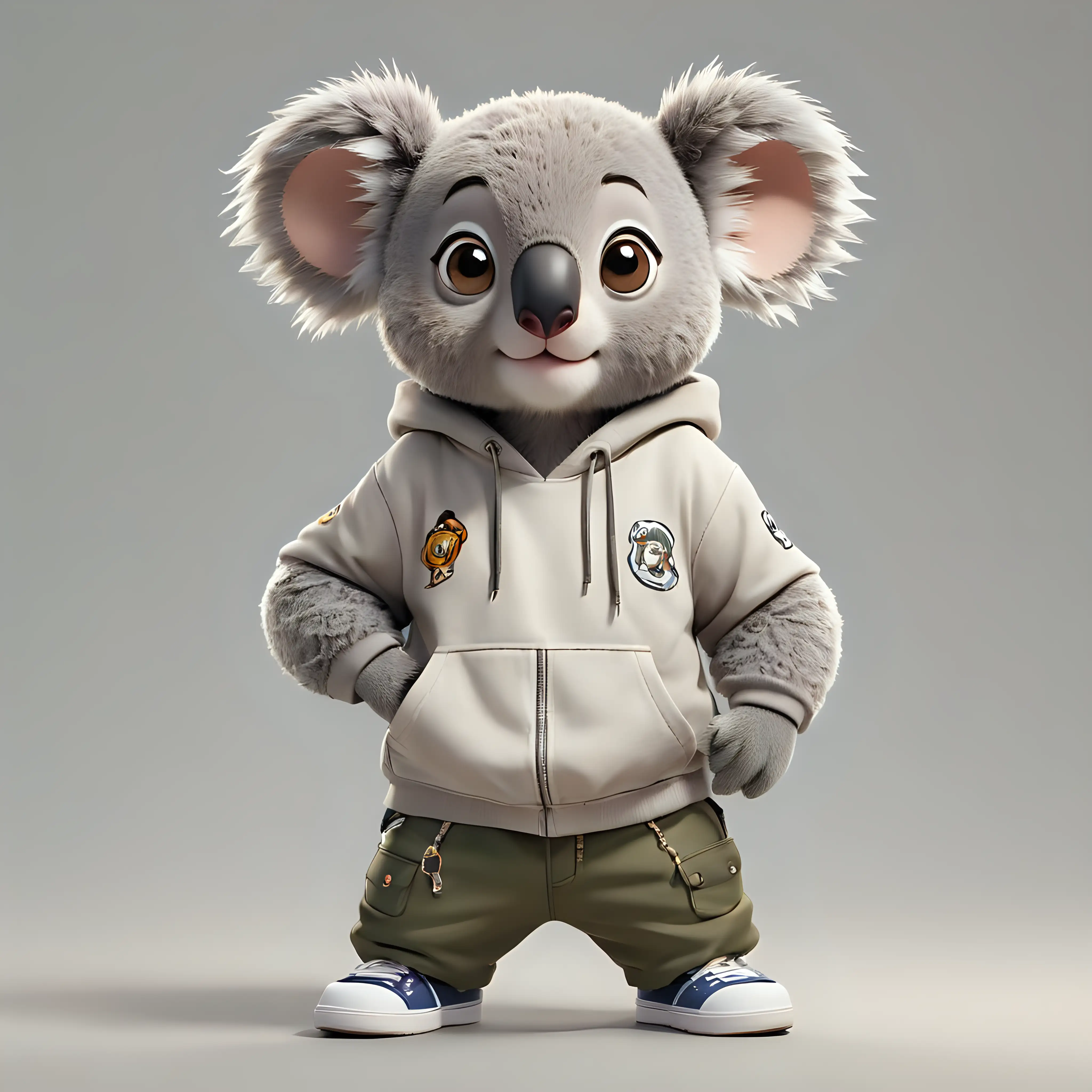 a koala, cartoon style, full body, big eyes, hip hop clothes, clear background