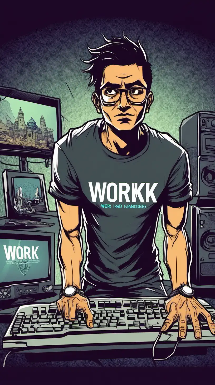 Indian tech guy, black hair, dark brown eyes, clean shaven, short hair, average size, wearing a t-shirt saying "Work hard" in the middle of the chest and "Play harder" below it, text in a scary font, wearing eyeglasses with a dak grey tint, using a ps5 controller, playing witcher 3, behind a tv, night, neonlight