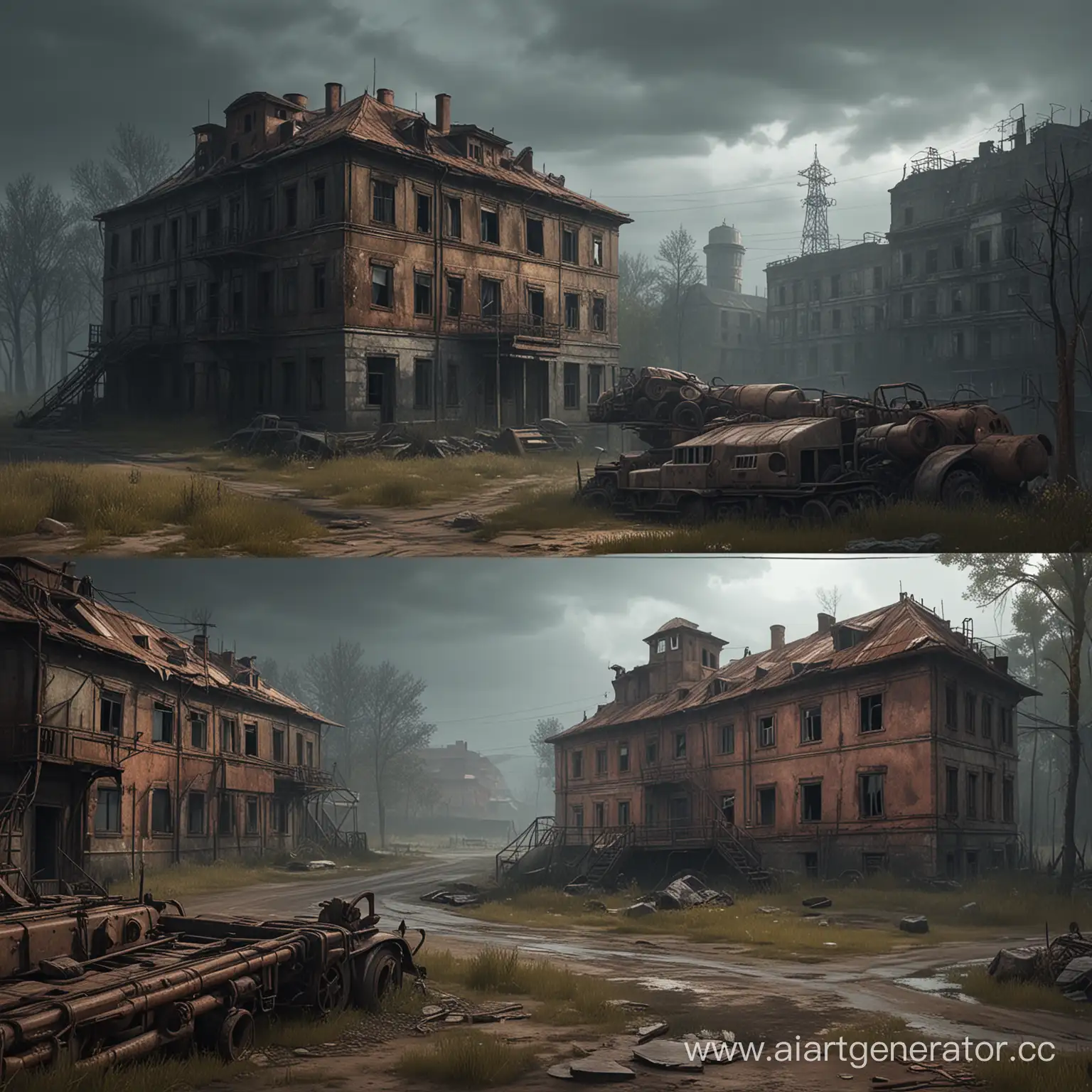 Stylized concept art for stalker2 with realistic daylighting, old buildings from the Soviet era, rusty machinery, dangerous and mysterious locations, terrible monsters, mostly in dark gloomy colors