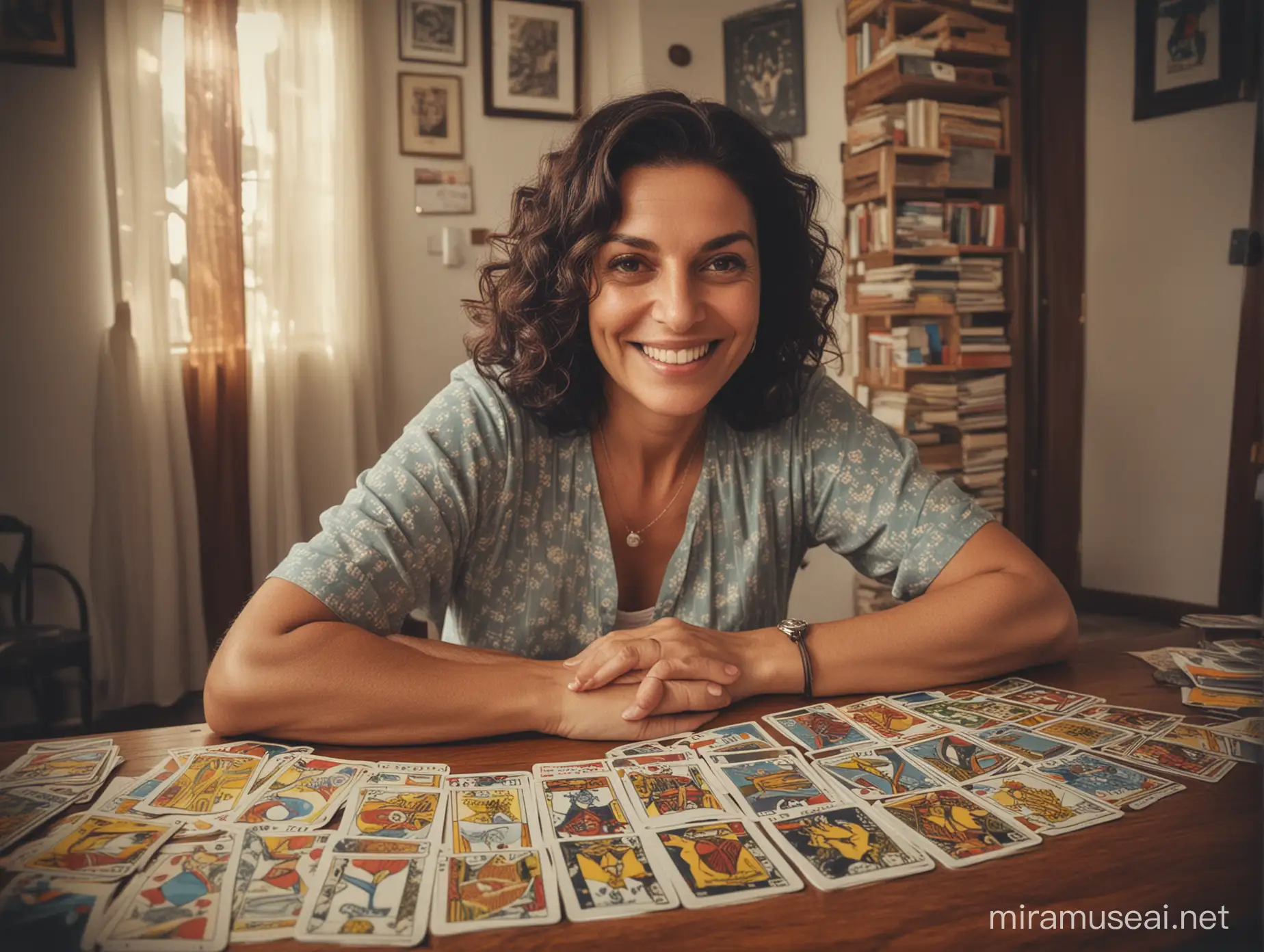 phone photo of simple middle-aged Brazilian woman smiling at the camera and playing tarot cards, fisheye lens, posted to reddit in 2019, --style raw --s 0 --ar 9:16
