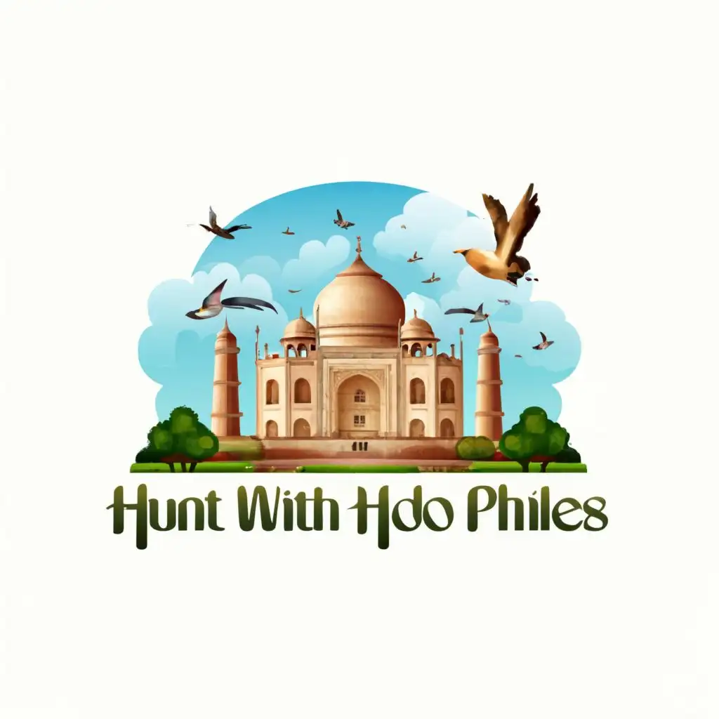 logo, A LOGO HAVING INDIAN MONUMENTS AND BLUE SKY GREEN NATURE HAVING BIRDS FLYING IN SKY, with the text "HUNT WITH HODO PHILES", typography