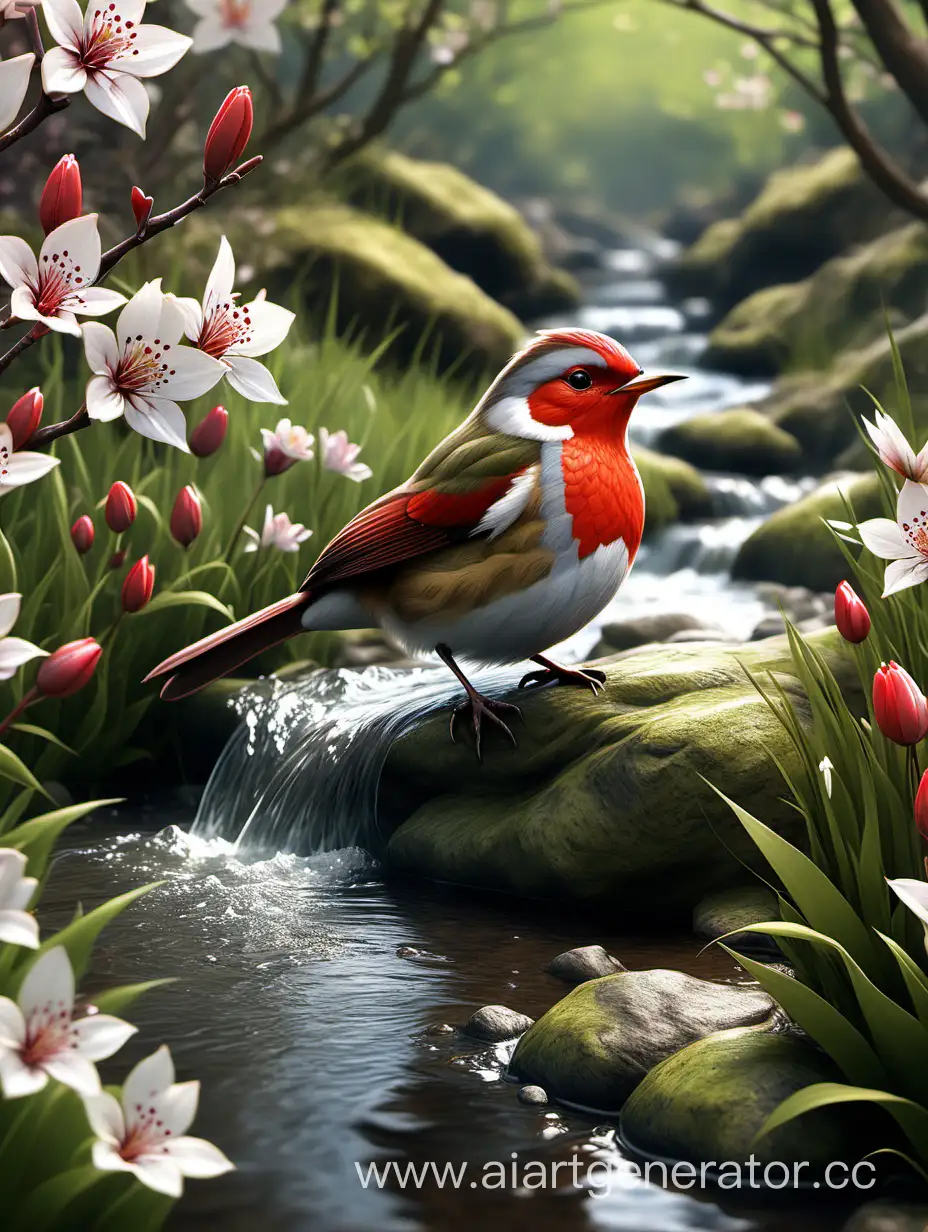 Tranquil-Spring-Stream-with-Vibrant-Flowers-and-Realistic-RedBreasted-Bird
