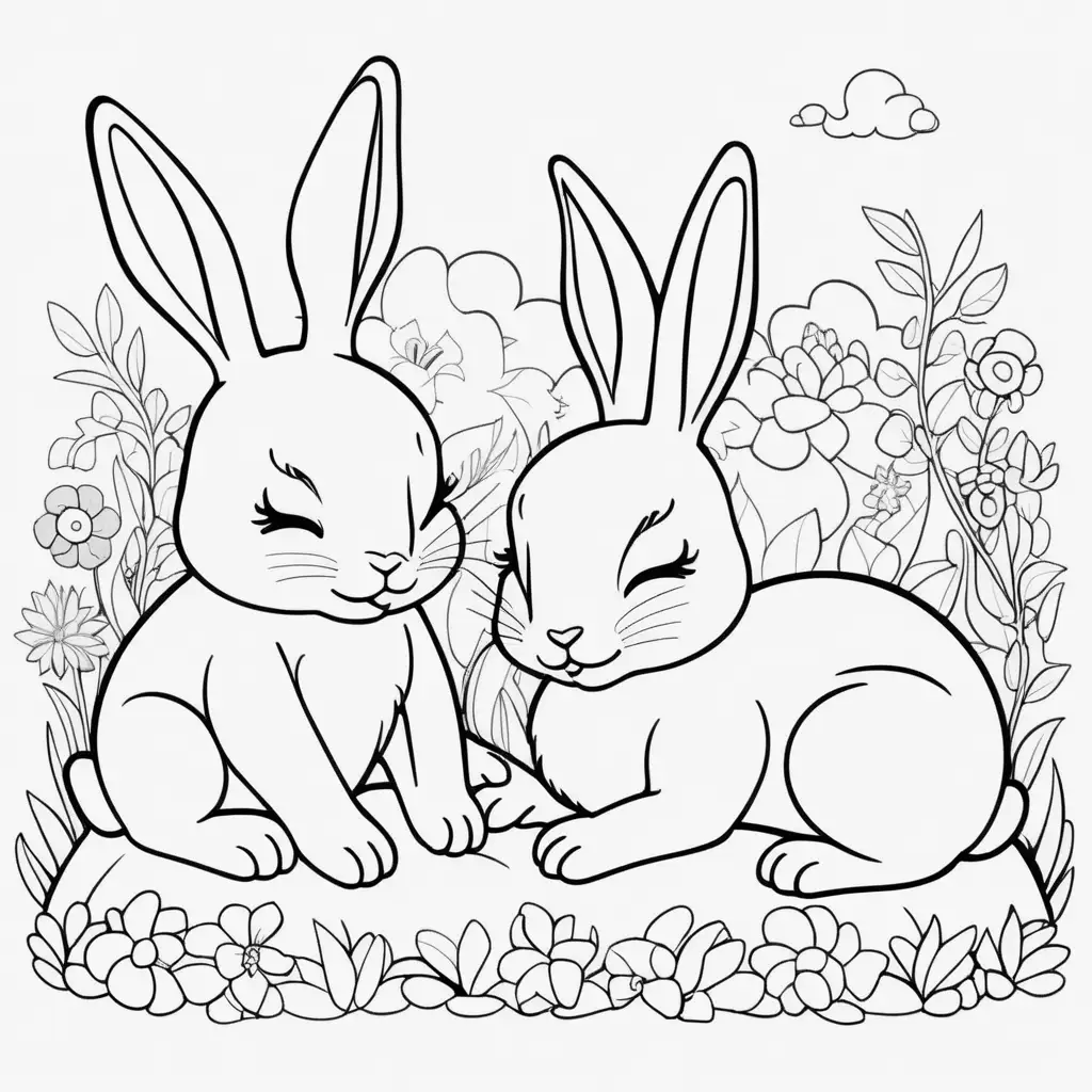 cute sleeping rabbits, kids colouring page, black and white: 1.5, white png background, flat 2d  –no shading, gradient, colors: 1.5, saturation:1.2, colored, shadow: 1.1, 3d -- ar 9:11