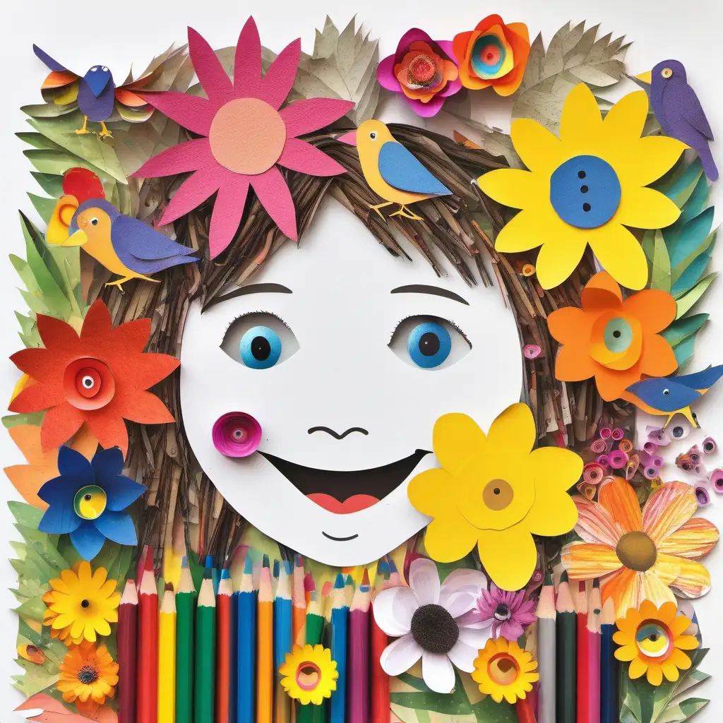 paper collage of one happy face of a child, with colourful flowers and birds, crayons, pencils. show eye. White background