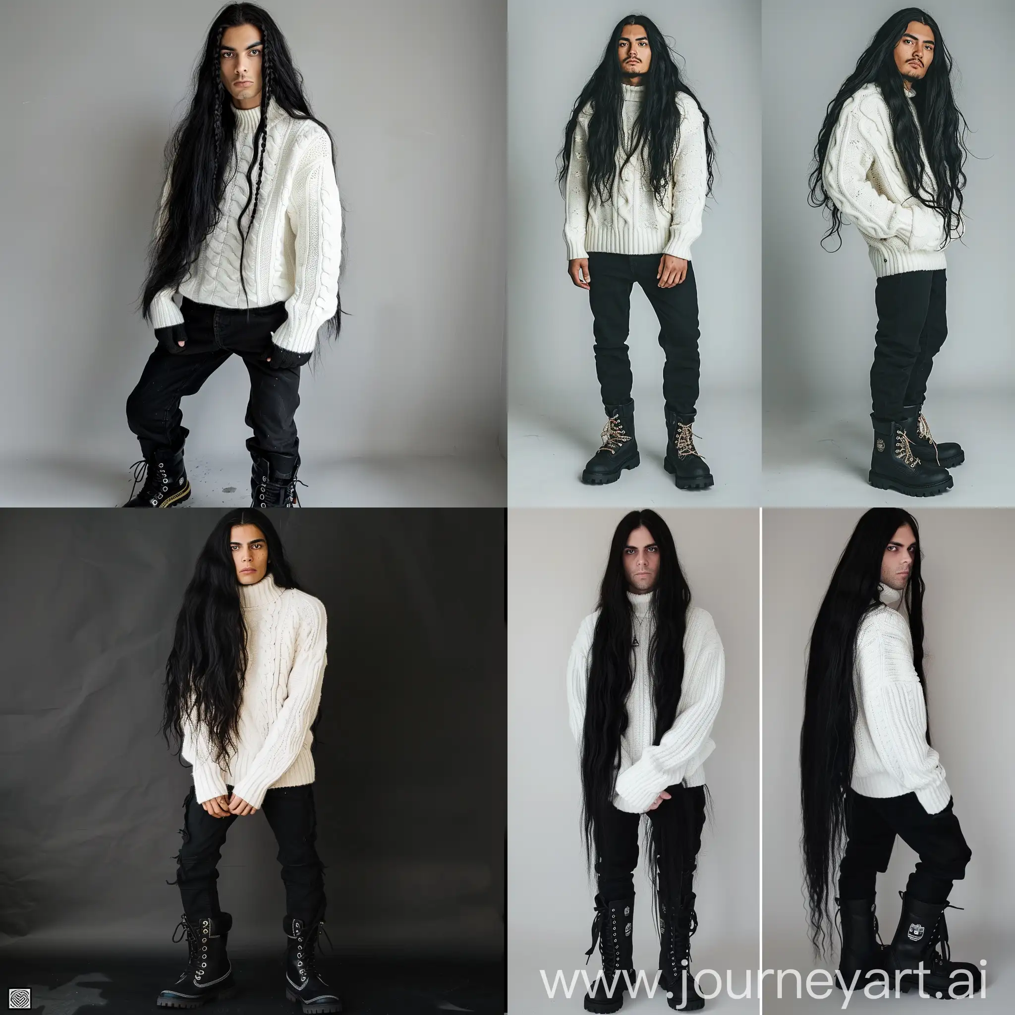 Male with long black long hair, skin tone brown, eye colors black left and white right, white sweater and black pants and black timberland boots 