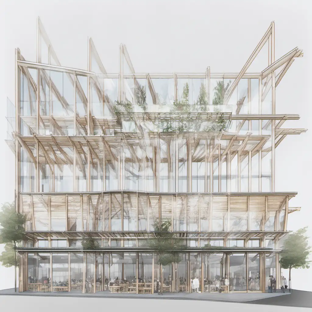 elevation of a market with glass and Mass timber,