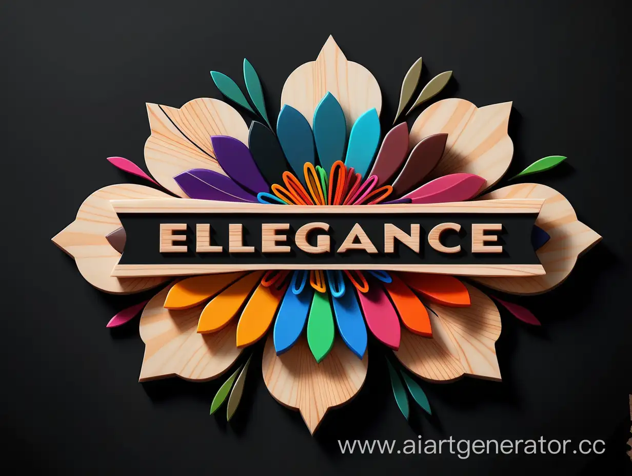"Unique Logo Design for "Elegance" Online StorePattern Epoxy resins - colored pens and wood shavings in the shape of flowers, in the middle a wonderful phrase, electric, black background, high-quality image" Elegance"