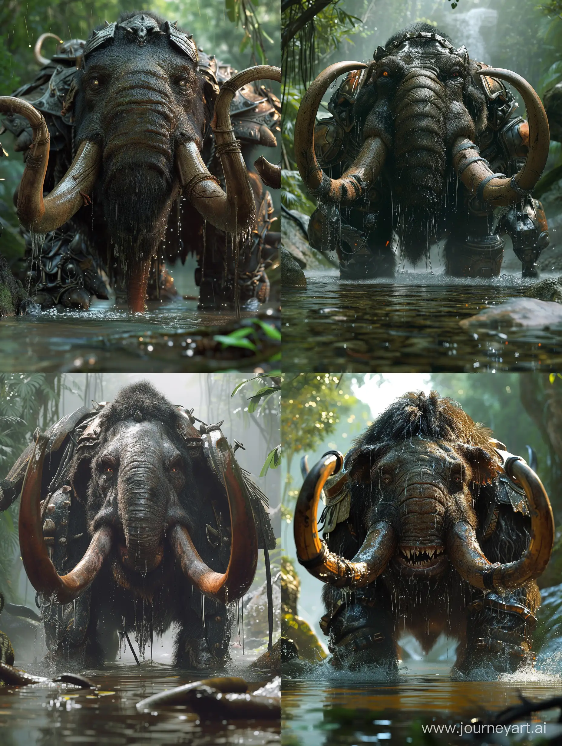 An angry mammoth is dripping wet and standing in a river. It has large tusks and is wearing armor. The scene is set in a dense forest. Detailed face, detailed eyes, detailed nose, detailed mouth, high_resolution, hdr, hd, 8k, cinematic,photography, photorealistic, photorealism, hyperdetailed, illustrations, illustrating,clear skin,uhd, ultra-realistic, realism, realistic, best lighting, colour,high quality, unreal engine, epic realism, detailed, best design, detailed graphics, high_contrast, super detailed, ((masterpiece)),hyper-realistic,ultra_detailed,high_definition,professional SLR camera,volumetric lights.
