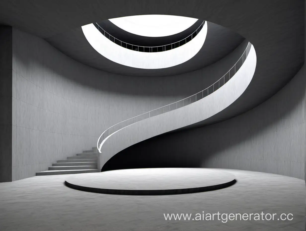 Spacious-Circular-Gray-Room-with-Unique-WallMounted-Staircase