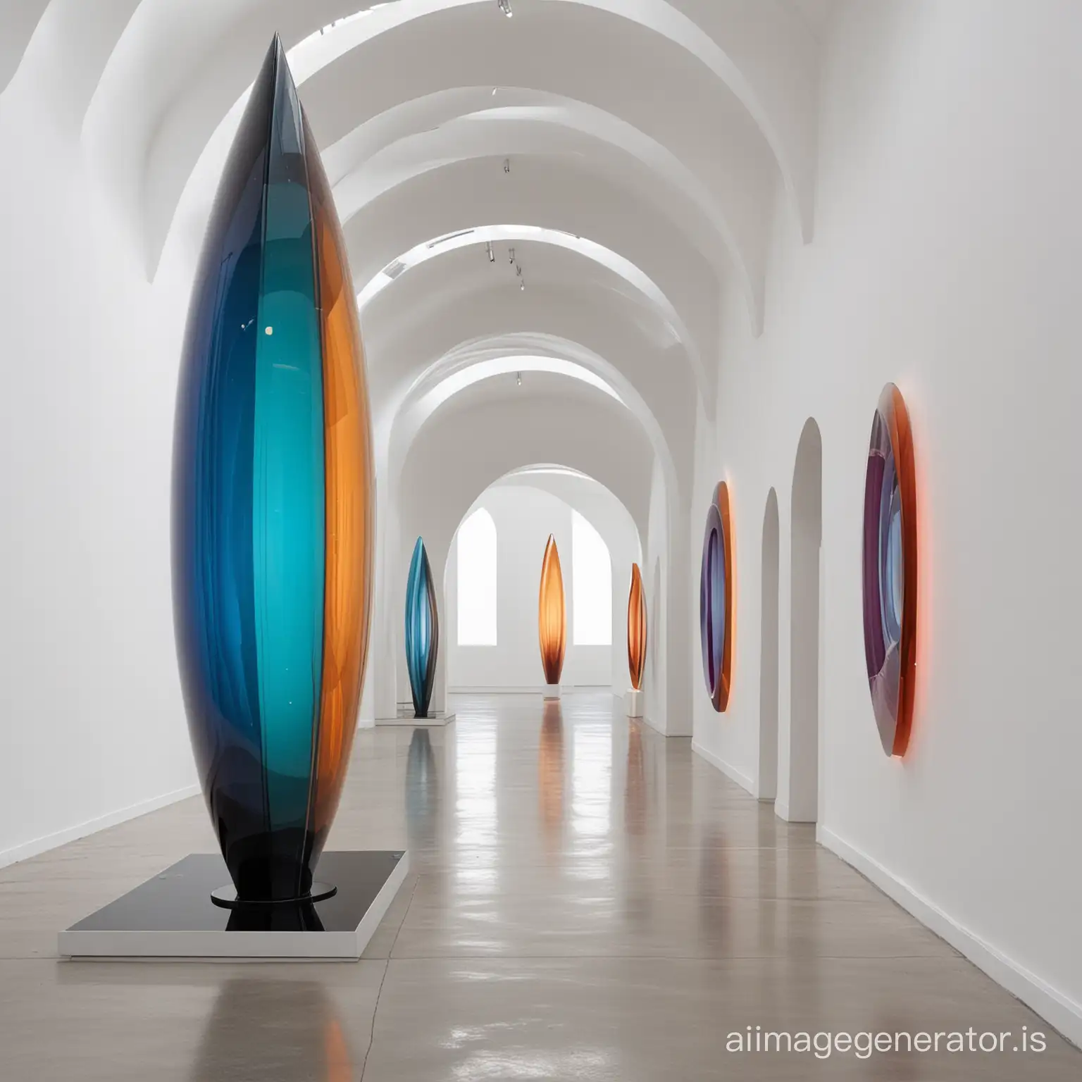 A few large sculptures in the shape of a wormhole made of colored transparent glass, on high glossy white bases in a gallery with a high ceiling in a minimal style.