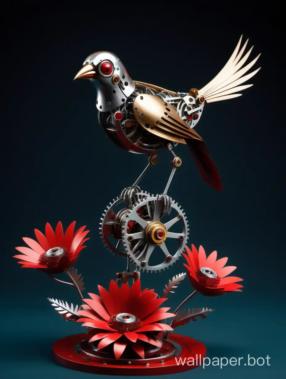 Mechanical coliber bird on real Red flower