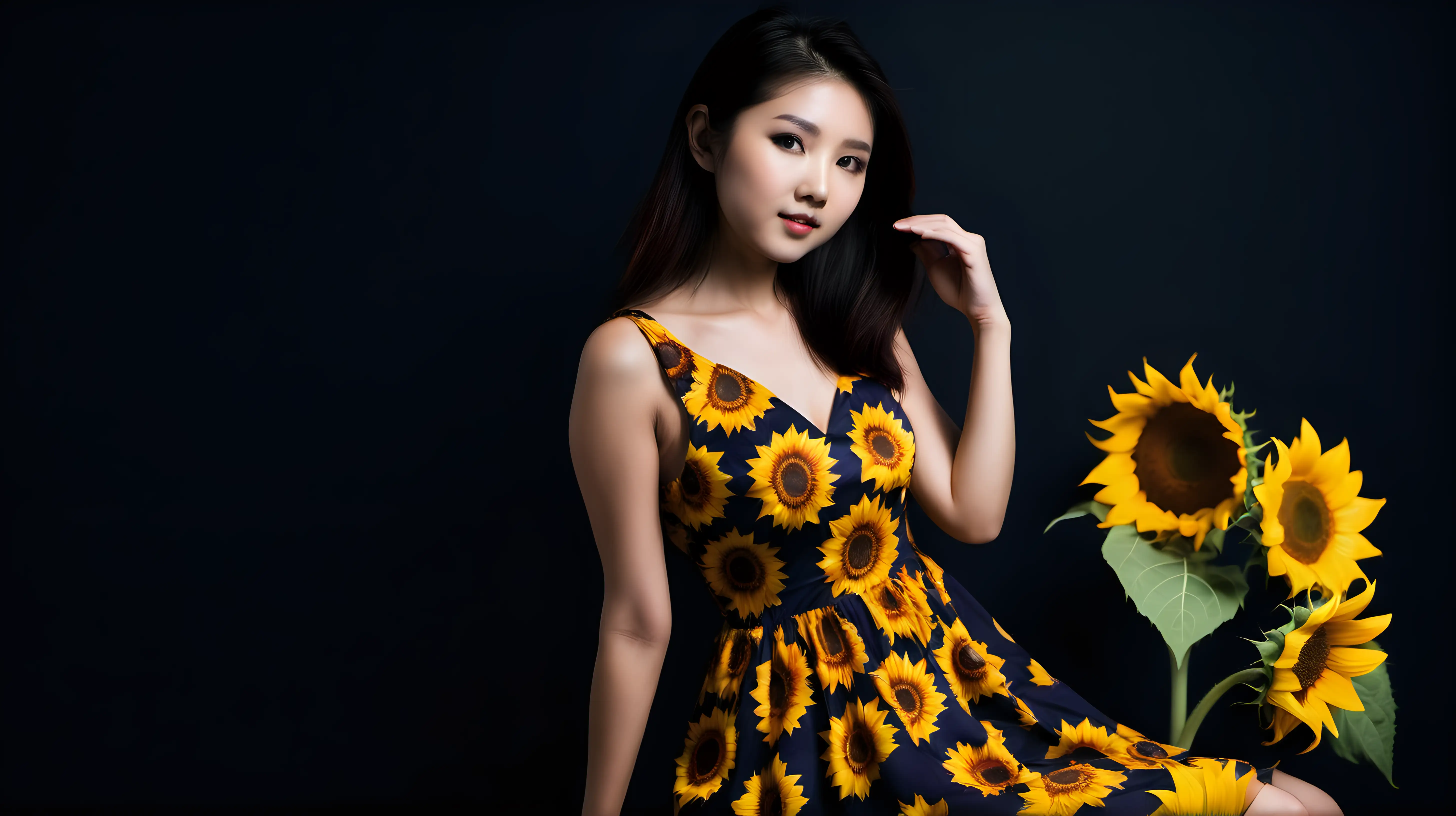 Alluring Asian Girl in Sunflower Dress Against Dark Background