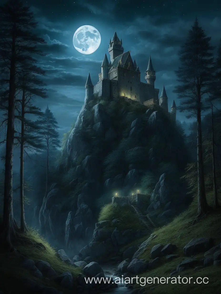 Moonlit-Ancient-Castle-Towering-over-Dark-Forest