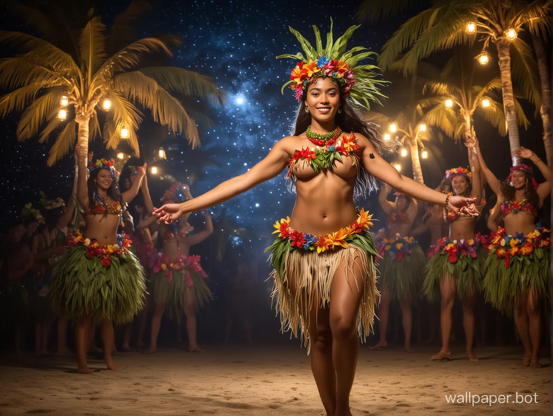 A captivating photo of a seductive Tahitian dancer, showcasing her toned body and mesmerizing movements. She wears a vibrant grass skirt adorned with colourful flowers around her hips, and a stunning traditional headpiece. The stage is illuminated by bright lights, and the background reveals a breathtaking night sky. Local musicians play a lively tune using ukulele and island drums, adding to the enchanting atmosphere., photo, vibrant