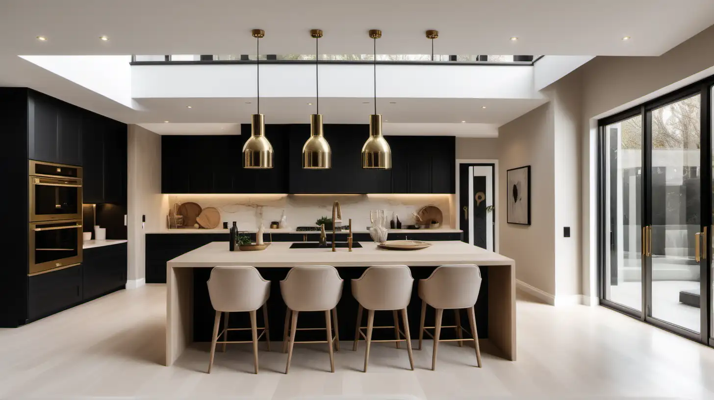 classic contemporary large home open plan minimalist kitchen with double height ceilings; beige, black accents; blonde oak; brass lighting;