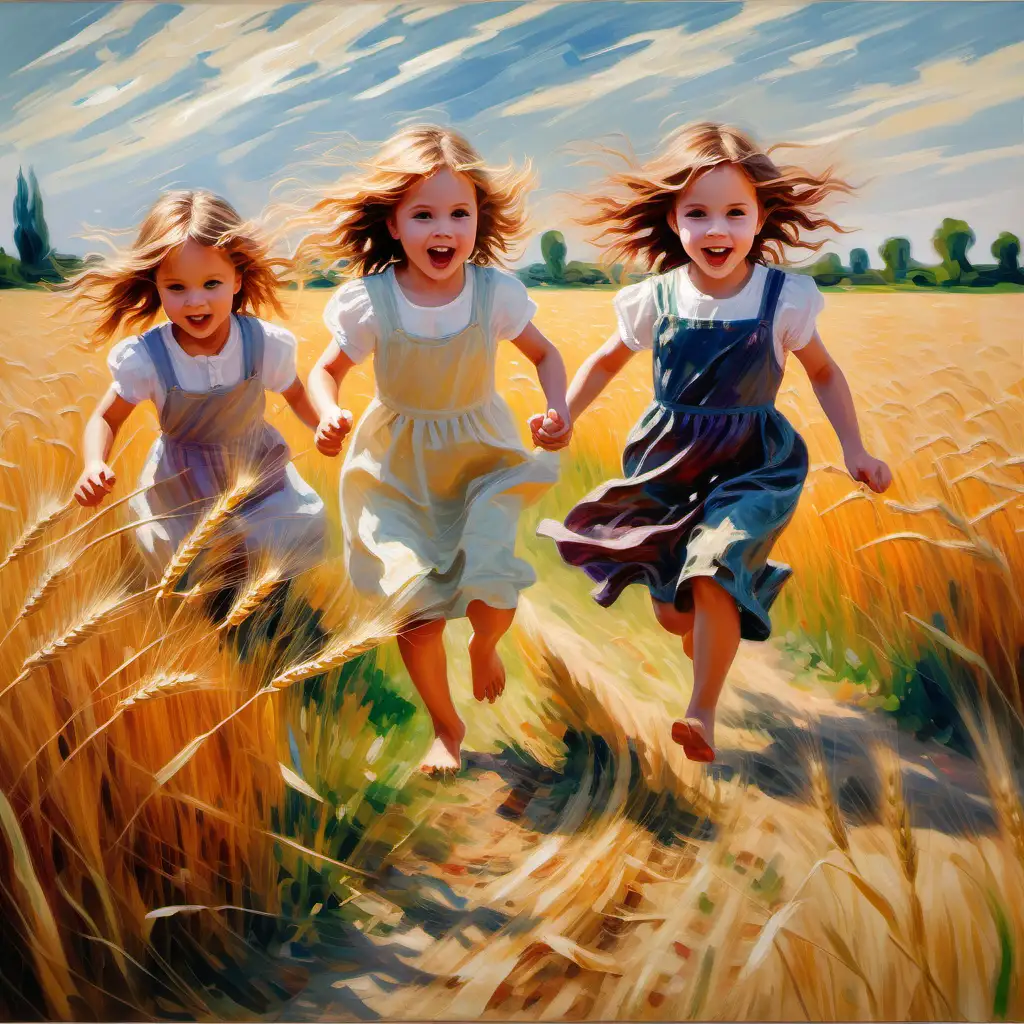 Joyful Girls Frolicking in a Sunlit Wheat Field Impressionist Painting