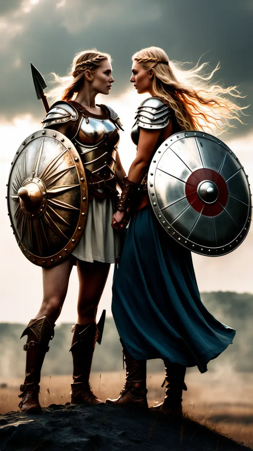 Romantic Valkyrie and Shield Maiden Embrace amidst Battle